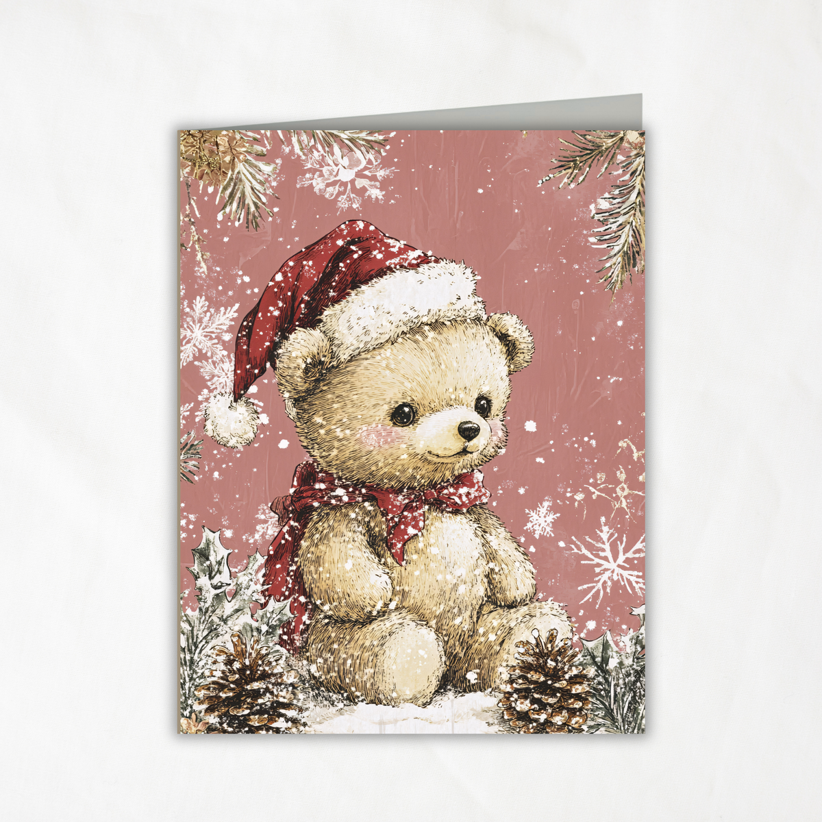 Christmas Teddy Bear Printable Card • A2 (4.25" x 5.5") Folded Holiday Greeting Note Card • Winter Woodland Design • Christmas Stationery