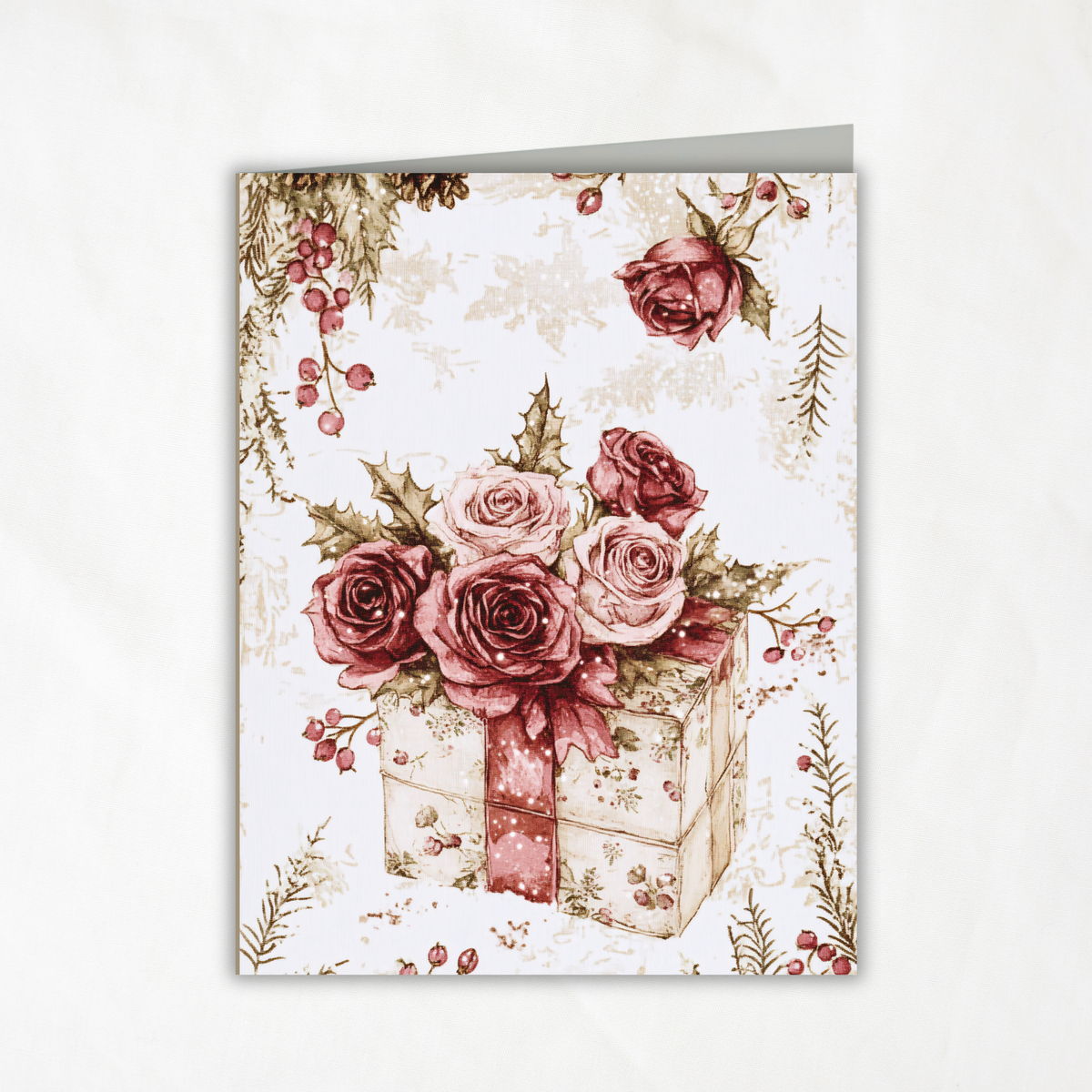 Floral Gift Box Christmas Printable Card • A2 (4.25" x 5.5") Folded Holiday Greeting Note Card • Winter Rose Bouquet Design • Christmas Stationery