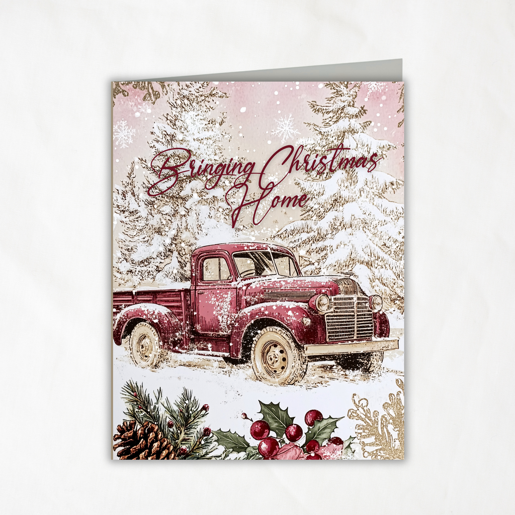 Printable Christmas Greeting Card | Vintage Red Truck | Bringing Christmas Home | Snowy Holiday Note Card | A2 (4.25" x 5.5") PDF