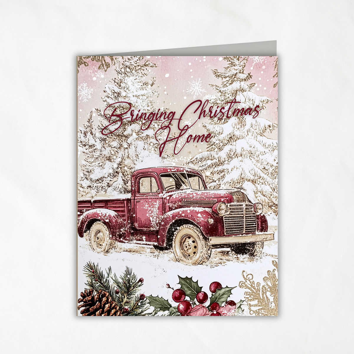 Bringing Christmas Home Printable Card • A2 (4.25" x 5.5") Folded Holiday Greeting Note Card • Vintage Red Truck Design • Christmas Stationery