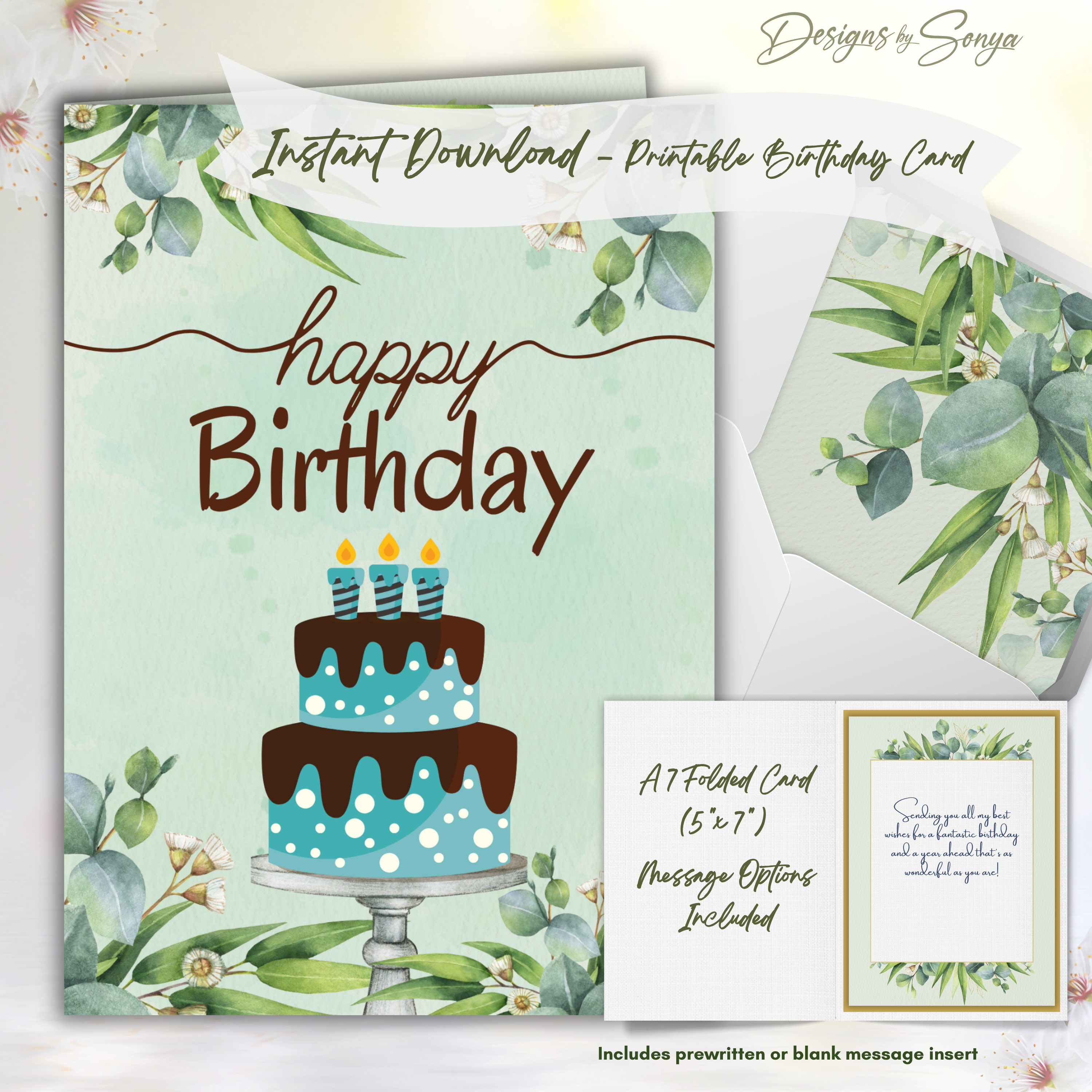 Printable Birthday Card with Cake Design | A7 5x7 Digital Greeting Card | Instant Download DIY Birthday Card with Envelope Liner