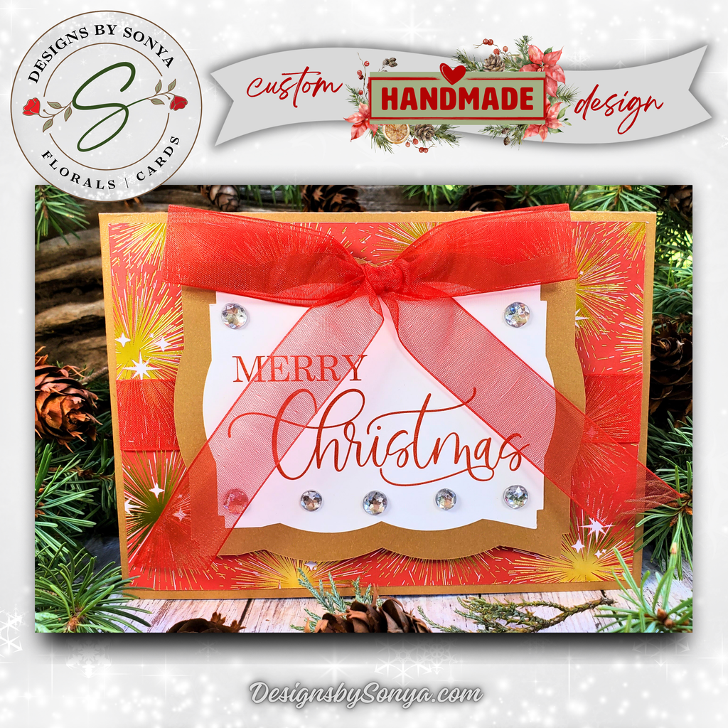 Handcrafted Merry Christmas Card with Red Bow, Rhinestones & Gold Sparkle – Unique Holiday Greeting – 5x7 A7 Card