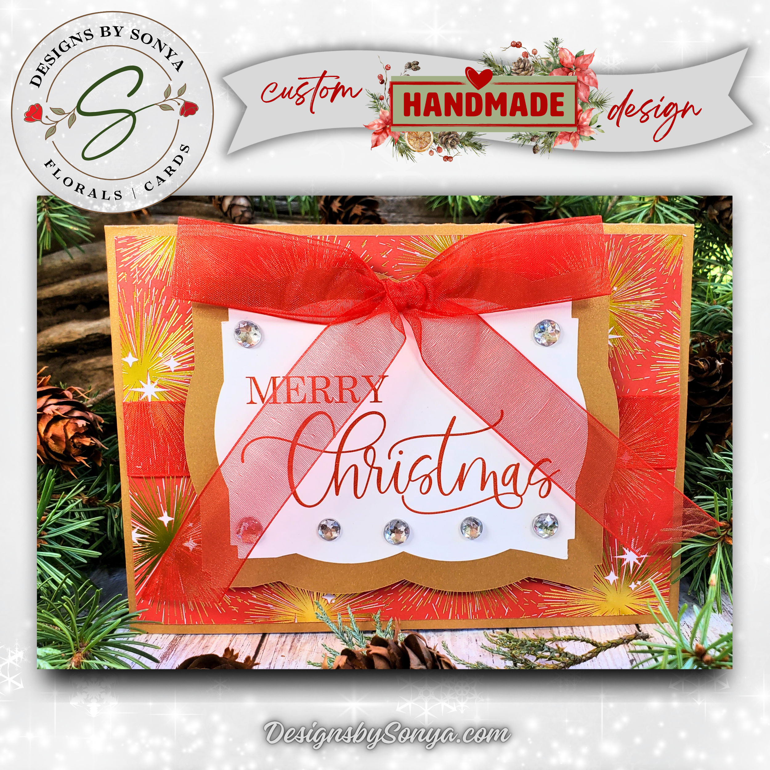 Handcrafted Merry Christmas Card with Red Bow, Rhinestones & Gold Sparkle – Unique Holiday Greeting – 5x7 A7 Card