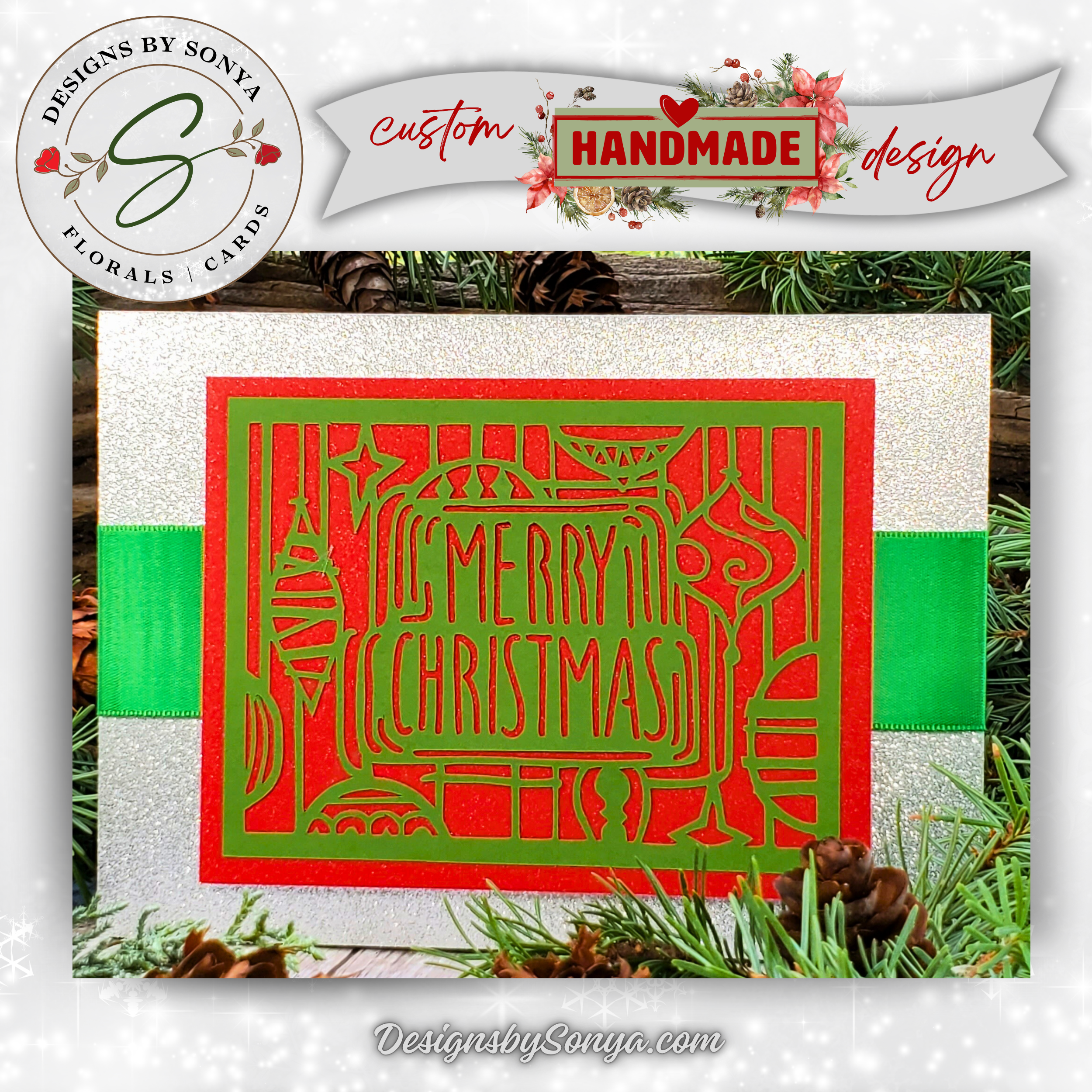 Handcrafted Merry Christmas Card – Red & Green Die-Cut Design with Silver Glitter & Green Ribbon – A7 5x7 Holiday Greeting | Unique Keepsake Christmas Card