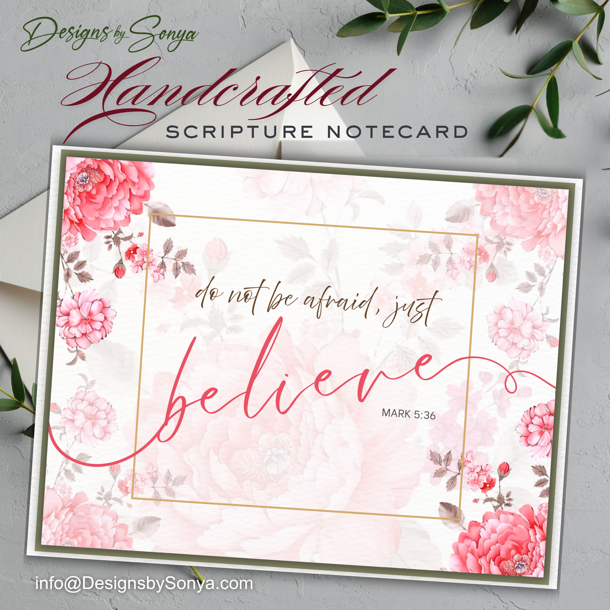 Handcrafted Christian Notecard – Pink Peony Floral Card – Mark 5:36 Scripture – “Just Believe” A2 Blank Encouragement Card, Faith Stationery