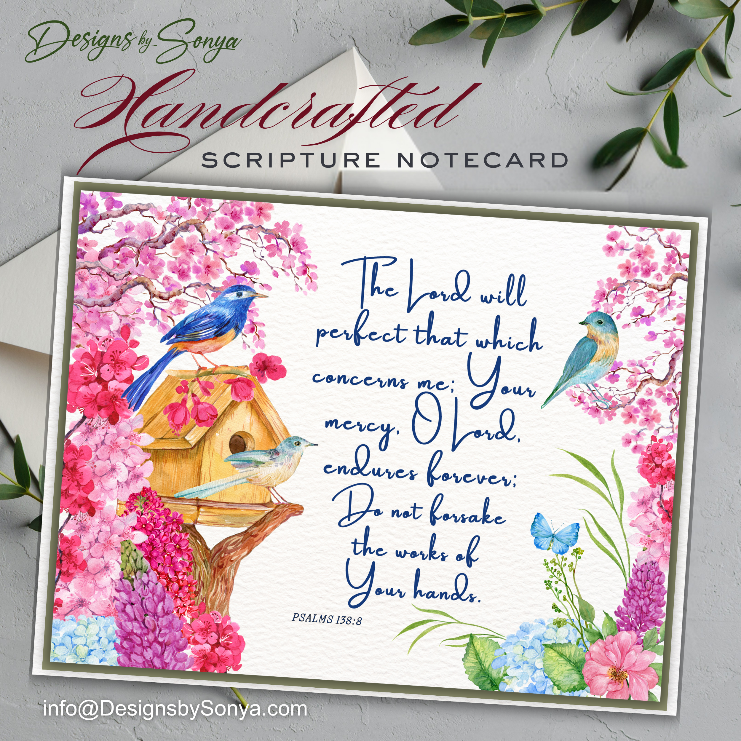 Birdhouse Scripture Notecard, Psalm 138:8 Bible Verse Card, Christian Encouragement Card, Handmade Faith Card, Floral Birdhouse Greeting Card