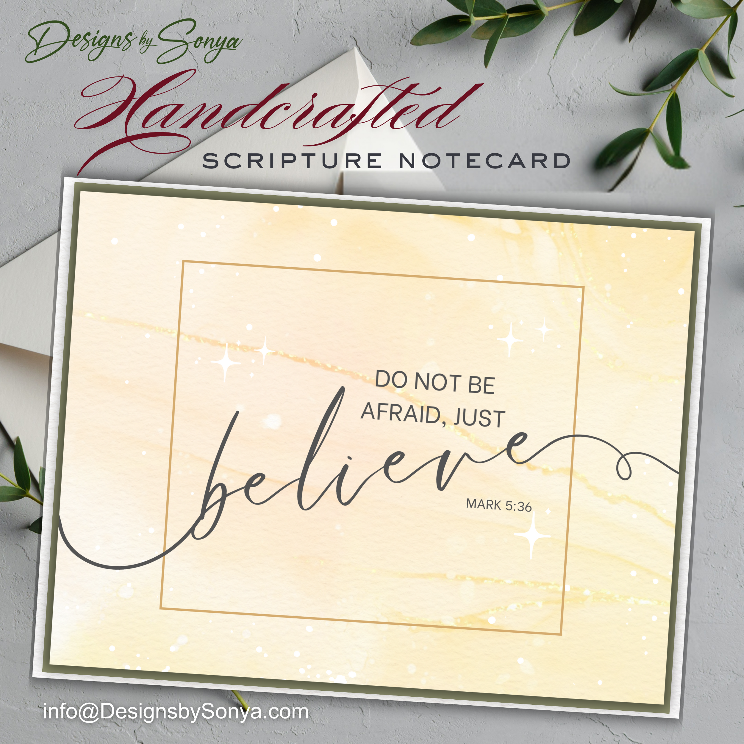 Handcrafted Christian Notecard – Gold Marble Scripture Card – Mark 5:36 “Just Believe” – A2 Blank Encouragement Card – Faith Stationery Gift