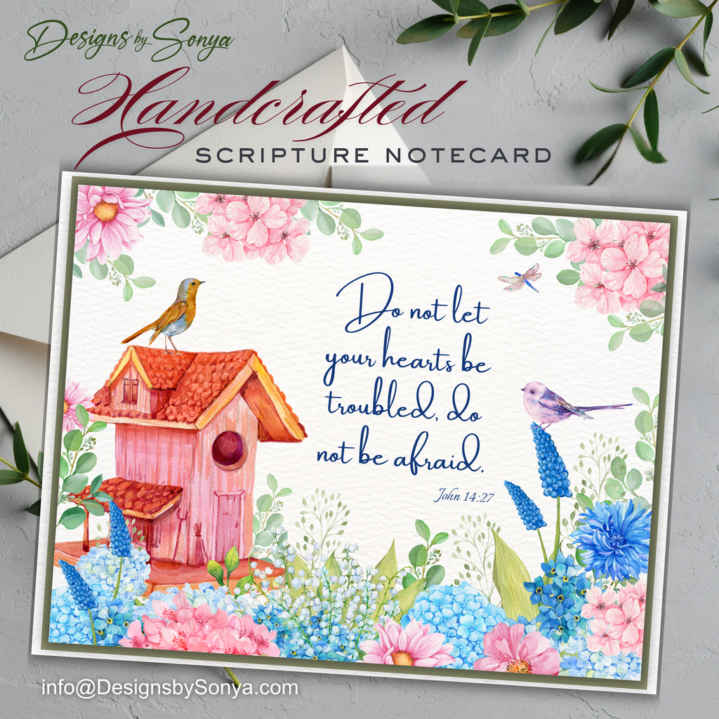 Birdhouse Scripture Notecard, John 14:27 Bible Verse Card, Christian Encouragement Card, Handmade Faith Card, Floral Birdhouse Greeting Card