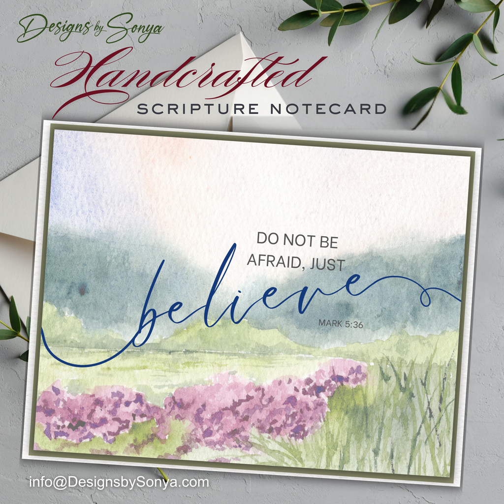 Handcrafted Scripture Notecard – Watercolor Landscape A2 Card – Mark 5:36 “Just Believe” – Blank Christian Encouragement Card – Faith Stationery