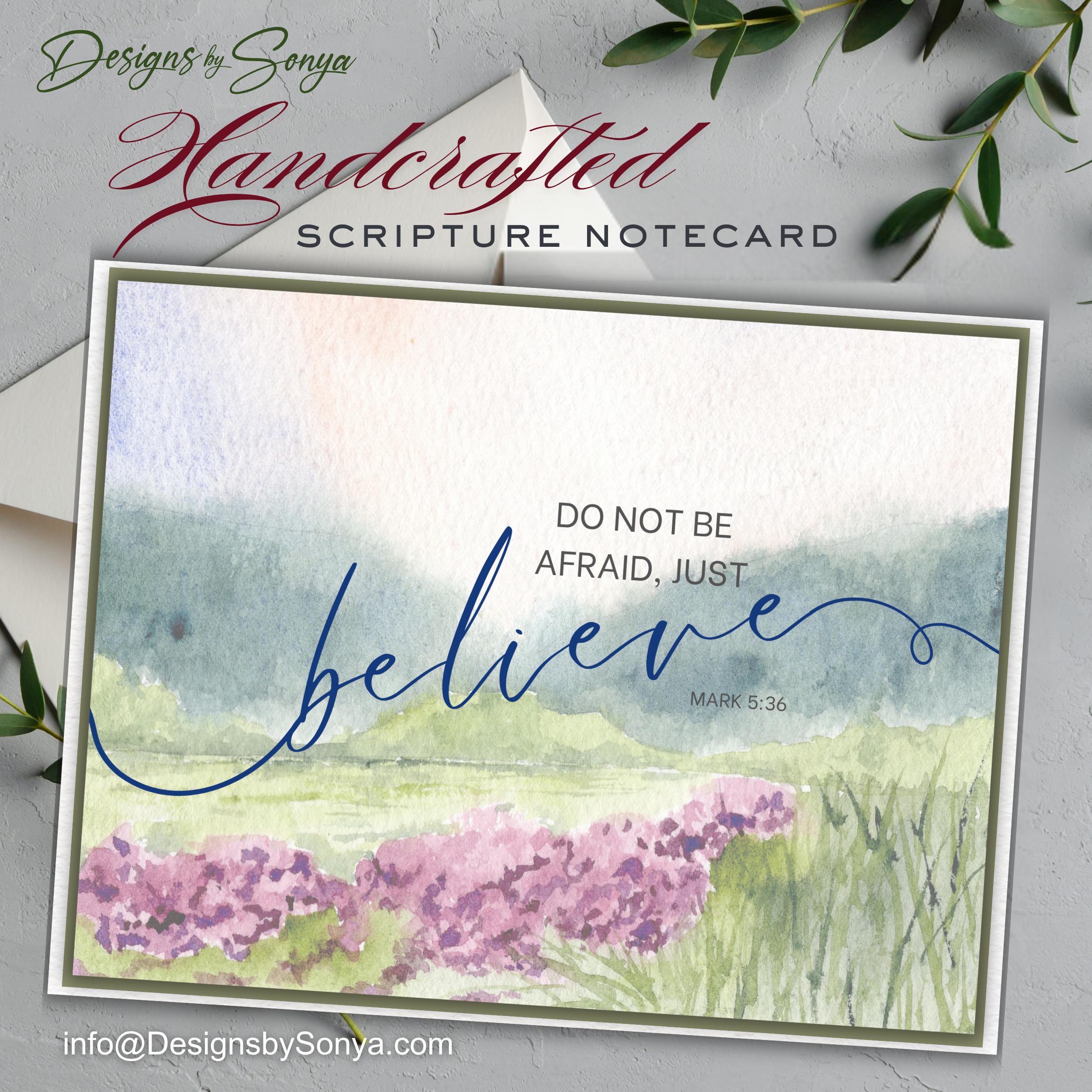 Handcrafted Scripture Notecard – Watercolor Landscape A2 Card – Mark 5:36 “Just Believe” – Blank Christian Encouragement Card – Faith Stationery