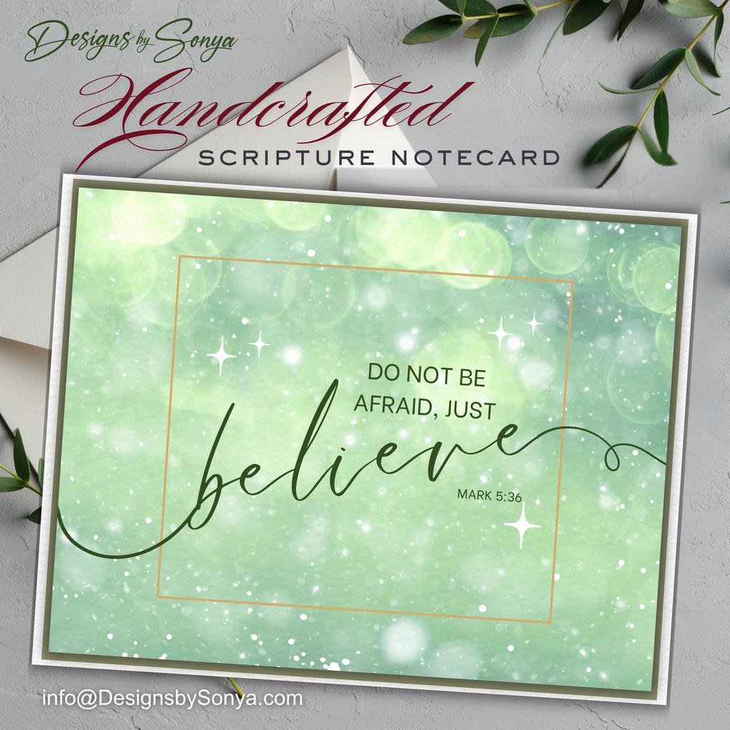 Handcrafted Christian Notecard – Green Sparkle Scripture Card – Mark 5:36 “Just Believe” – A2 Blank Encouragement Card – Faith Gift