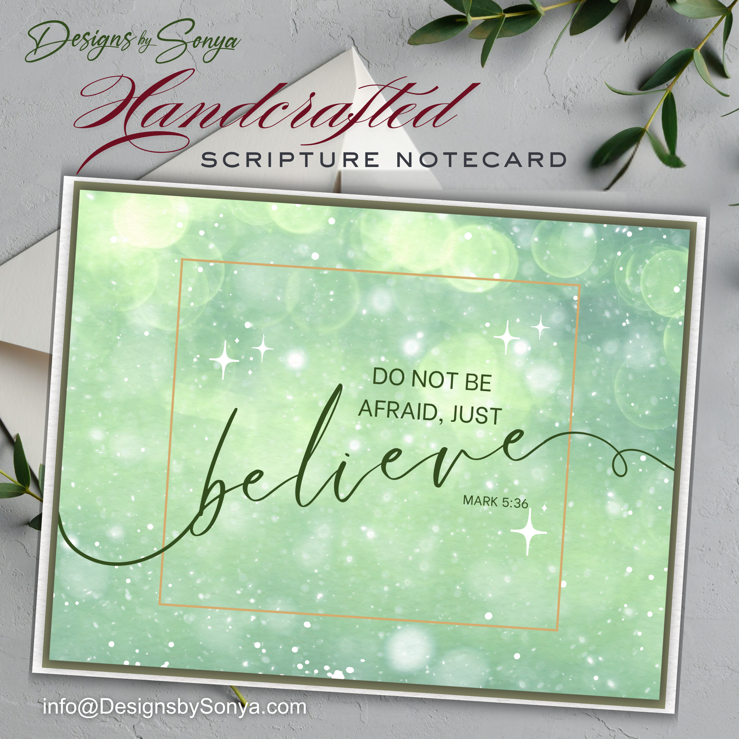 Handcrafted Christian Notecard – Green Sparkle Scripture Card – Mark 5:36 “Just Believe” – A2 Blank Encouragement Card – Faith Gift