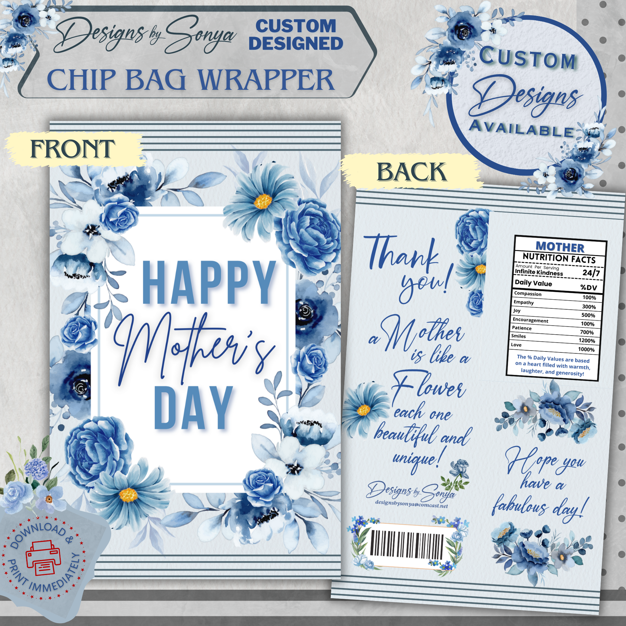Custom Designed Mother's Day Chip or Treat Bag Wrapper | Party Favor | Simple | Unique | Mom Gift | Instant Download | Print at Home