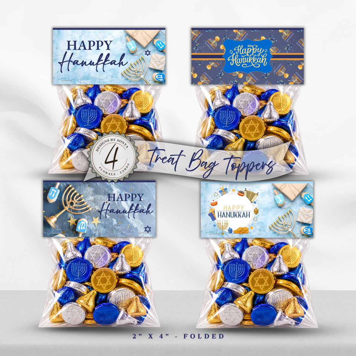 Printable Hanukkah Treat Bag Topper Collection | 4 Different Designs | Menorah & Dreidel Candy Bag Toppers | Jewish Holiday Party Favors | 4" x 2" PDF Download