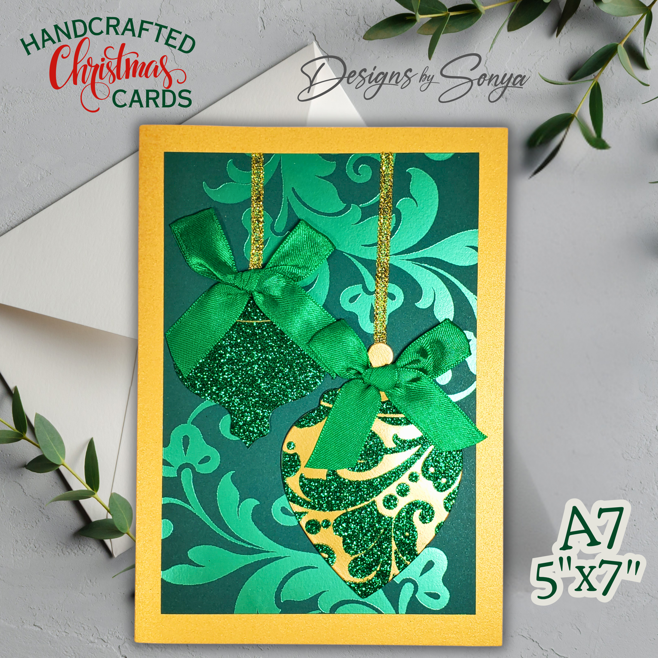 LIMITED EDITION | Elegant Green Ornament Christmas Card | Handcrafted A7 Holiday Greeting with Glitter Accents & Printed Interior Message