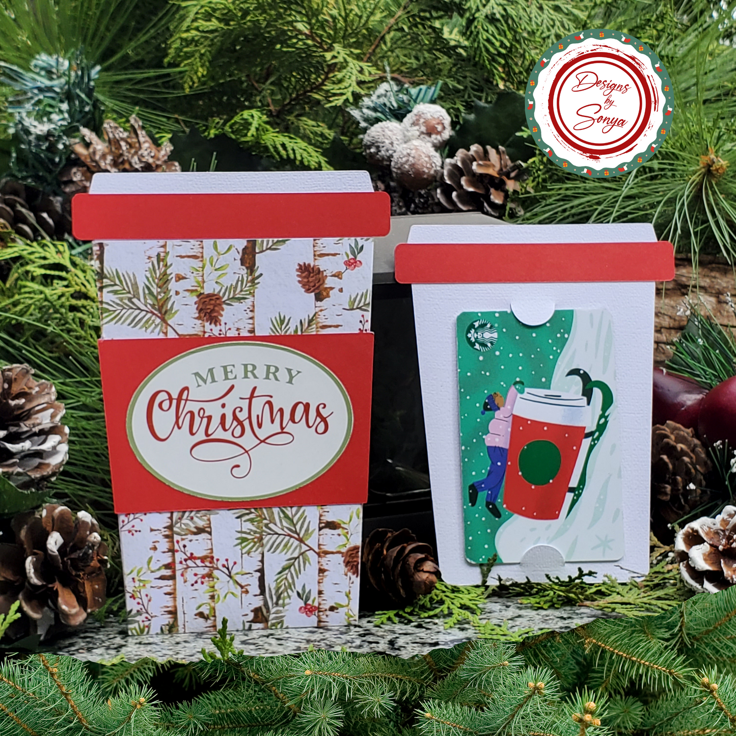 Christmas Coffee Cup Gift Card Holder – Birch Pine Merry Christmas – Handmade Holiday Card for Teachers, Coworkers, Staff