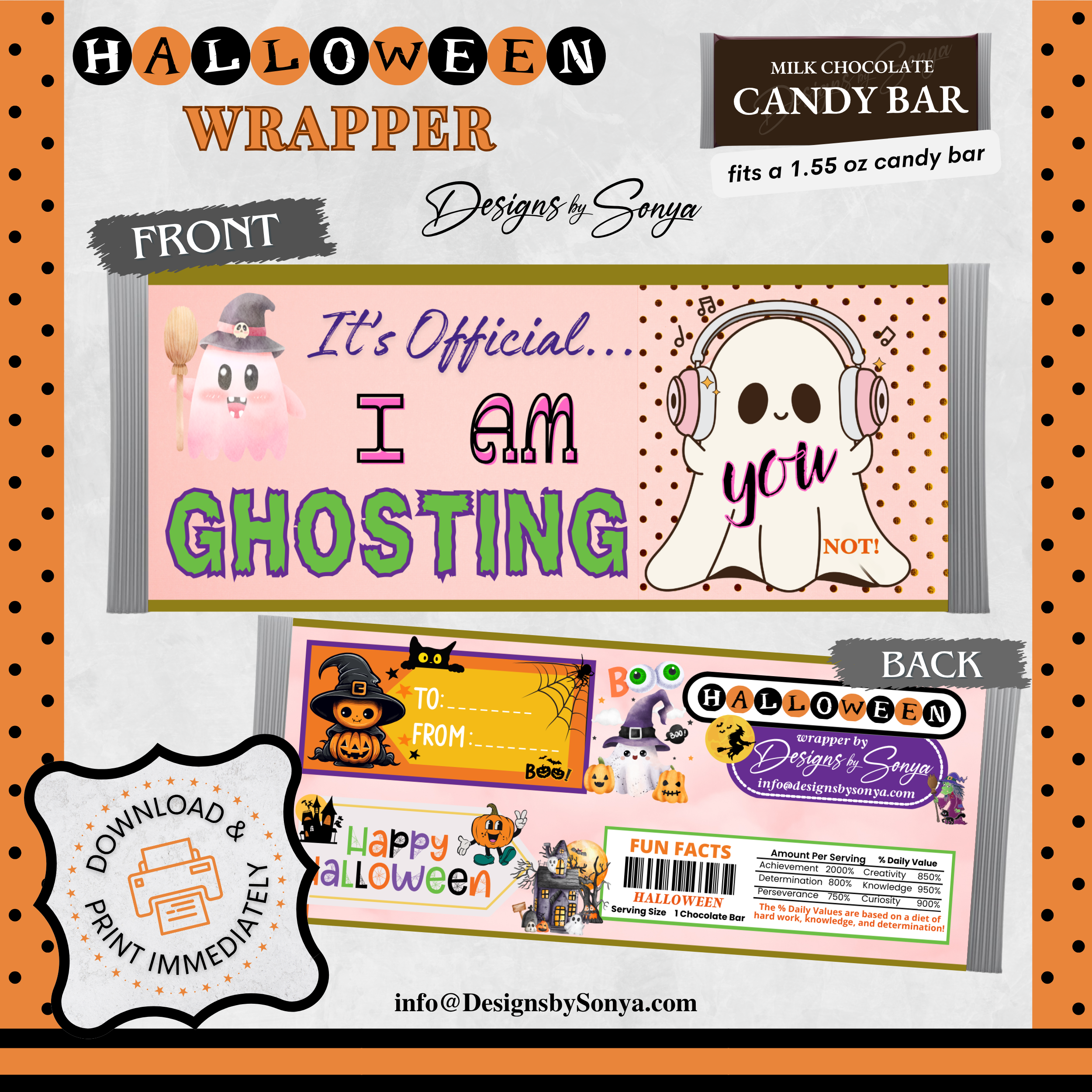 Custom Halloween Digital Candy Bar Wrapper | Printable Candy Bar Covers | Instant Download for Trick-or-Treat Party Favors | Fits 1.55 oz Hershey's Chocolate Bar