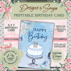 Blue Floral Birthday Card 5x7 | Printable Birthday Card | Watercolor Cake Design | Fits A7 Envelope | Digital Download | Print at Home