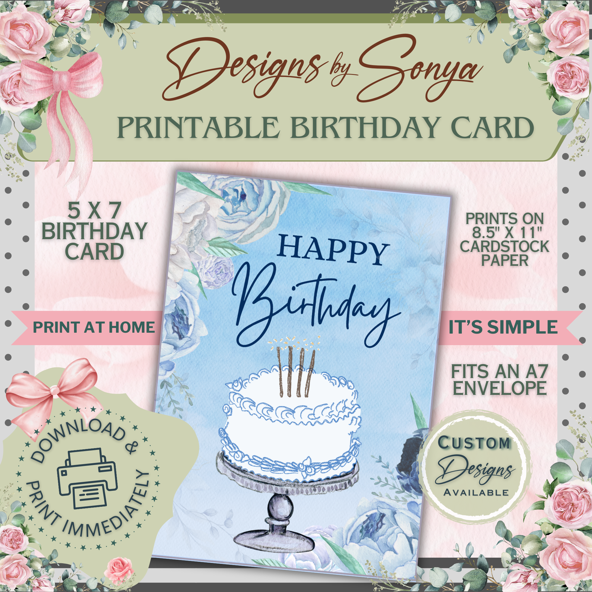 Blue Floral Birthday Card 5x7 | Printable Birthday Card | Watercolor Cake Design | Fits A7 Envelope | Digital Download | Print at Home