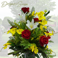 Cemetery Floral Arrangement Front View
Vibrant outdoor cemetery arrangement featuring red roses, white lilies, and yellow orchids with lush greenery in a 3" vase-ready design.