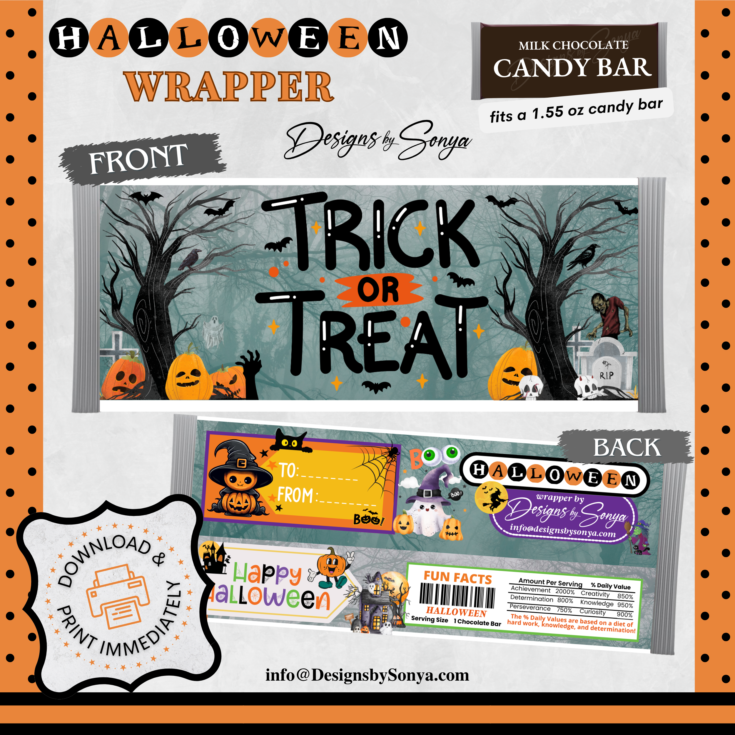 Custom Halloween Digital Candy Bar Wrapper | Printable Candy Bar Covers | Instant Download for Trick-or-Treat Party Favors | Fits 1.55 oz Hershey's Chocolate Bar
