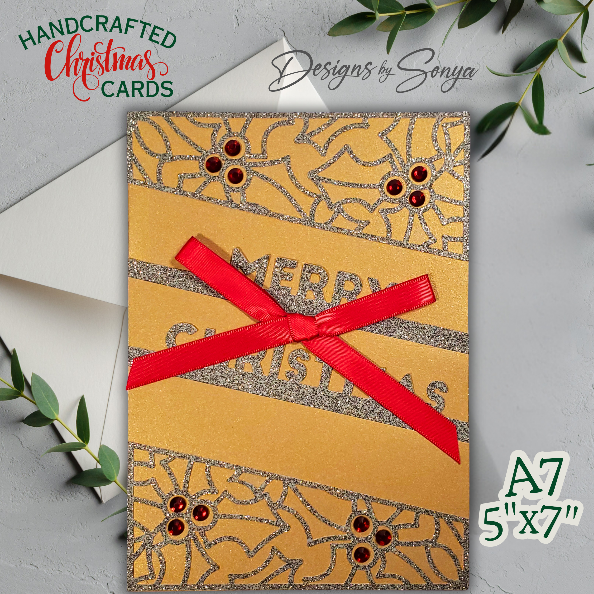 Handcrafted Gold Glitter Christmas Card with Red Bow | A7 Holiday Greeting with Holly, Rhinestones & Printed Interior Message