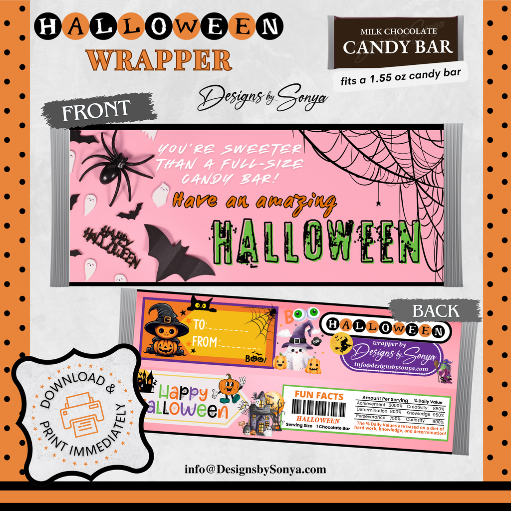 Sweeter Than Candy Halloween Chocolate Bar Wrapper | Cute Ghost & Spider Web Design | Printable Party Favor for Kids and Adults