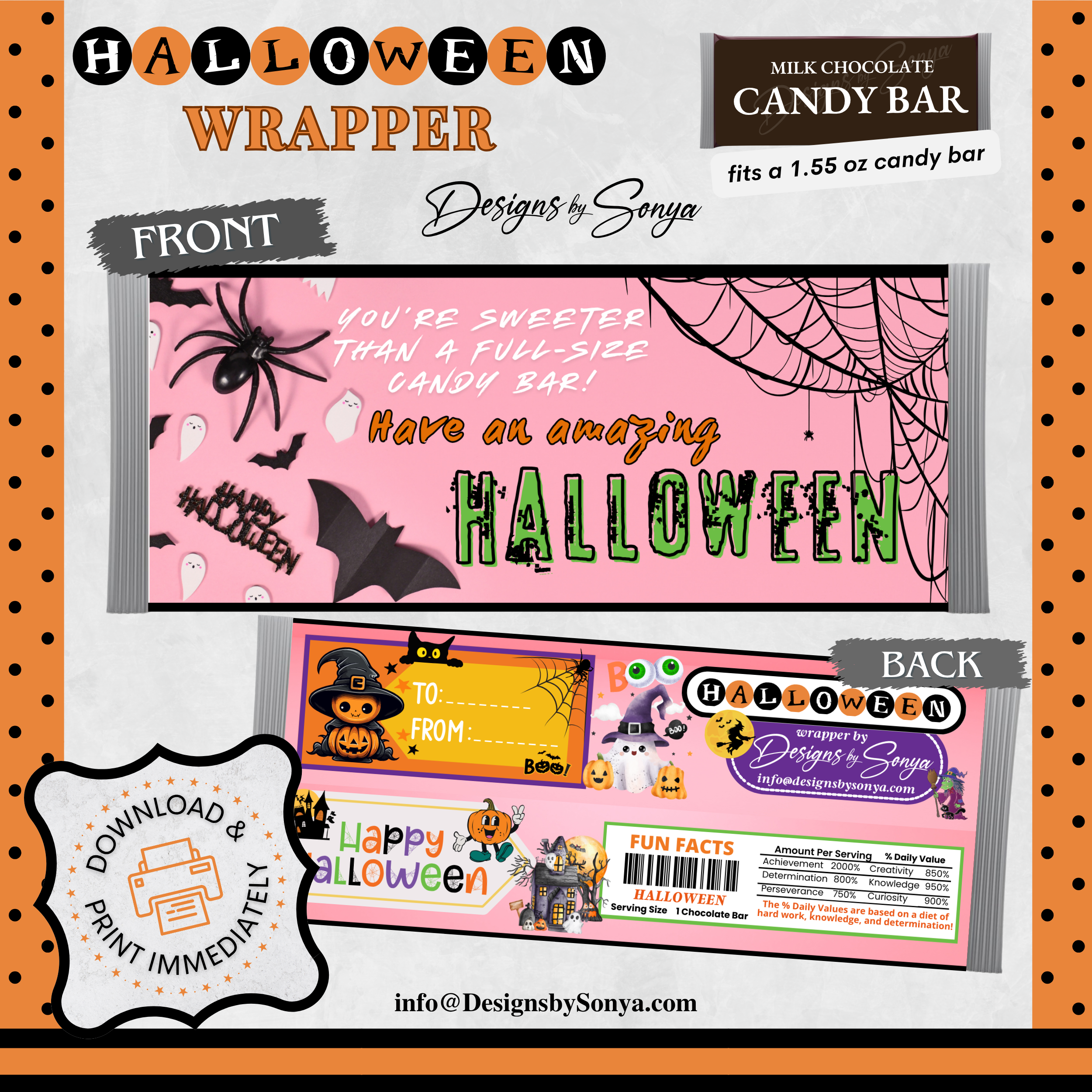Sweeter Than Candy Halloween Chocolate Bar Wrapper | Cute Ghost & Spider Web Design | Printable Party Favor for Kids and Adults