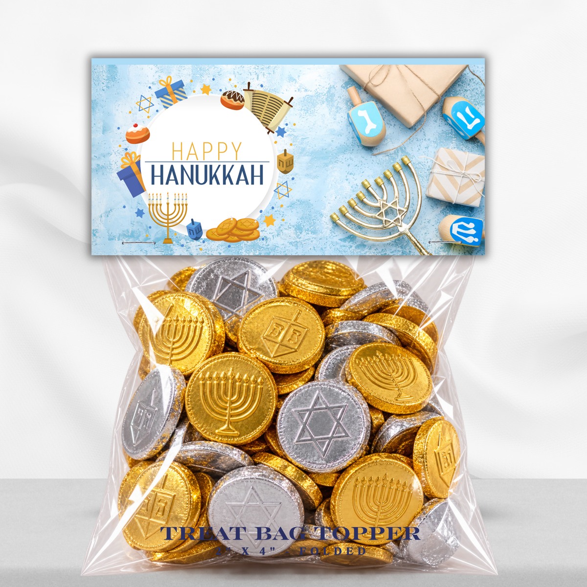 Printable Hanukkah Treat Bag Topper | Happy Hanukkah Candy Bag Topper | Menorah, Dreidels & Gifts | Jewish Holiday Party Favor | 4" x 2" PDF