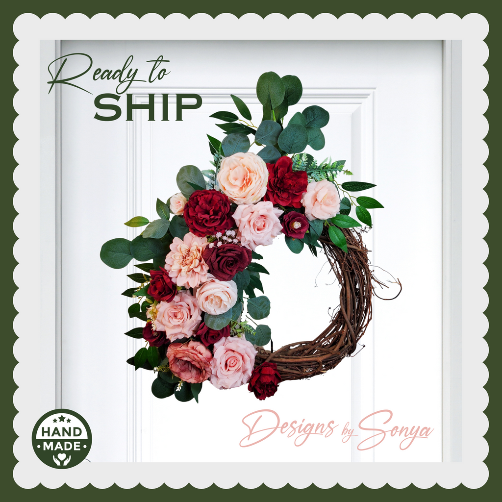 Grapevine Front Door Wreath - Country Rustic Porch, Memorial Service Handcrafted with Roses, Camellias, Dahlias, Greenery