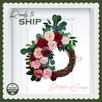 Grapevine Front Door Wreath - Country Rustic Porch, Memorial Service Handcrafted with Roses, Camellias, Dahlias, Greenery