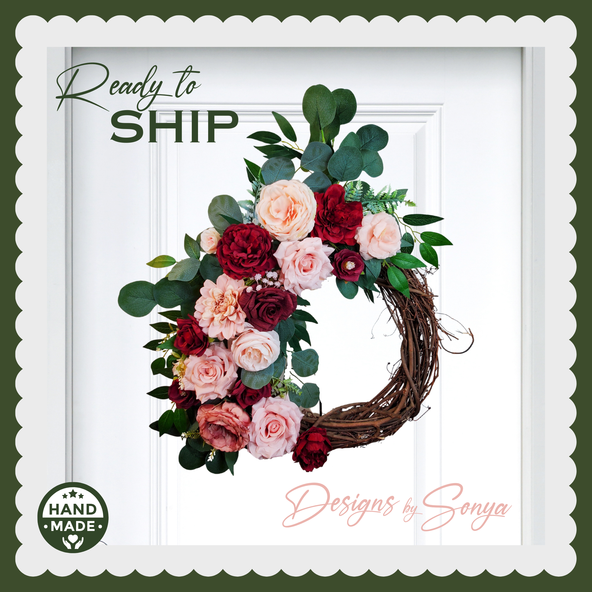 Grapevine Front Door Wreath - Country Rustic Porch, Memorial Service Handcrafted with Roses, Camellias, Dahlias, Greenery