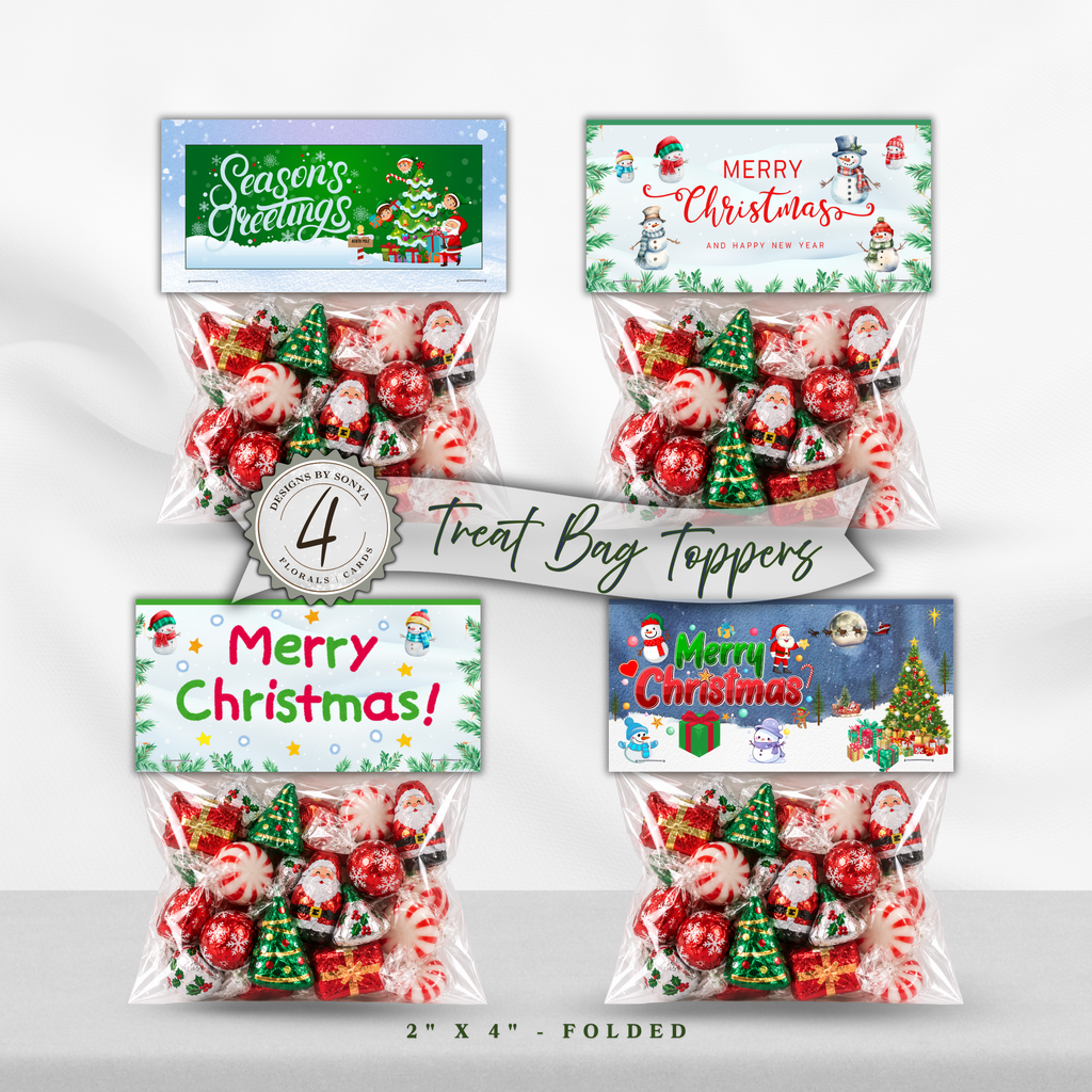 Printable Christmas Treat Bag Topper Collection | 4 Santa & Snowman Holiday Designs | Christmas Candy Bag Toppers for Classroom Parties | 4" x 2" PDF Download