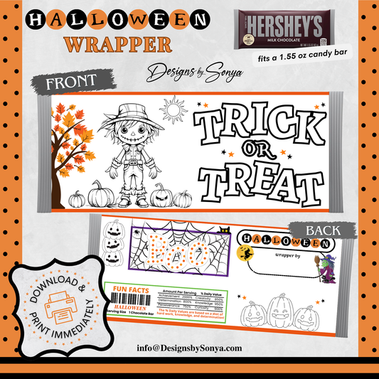 Classroom Activity for Teachers | Halloween Digital Coloring Hershey Bar Wrapper | Instant Download Printable for Trick-or-Treat Party Favors