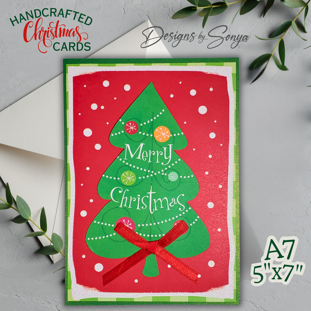 Handcrafted Merry Christmas Tree Card with Ribbon Bow | A7 Holiday Greeting Card | Limited Edition Handmade Christmas Card
