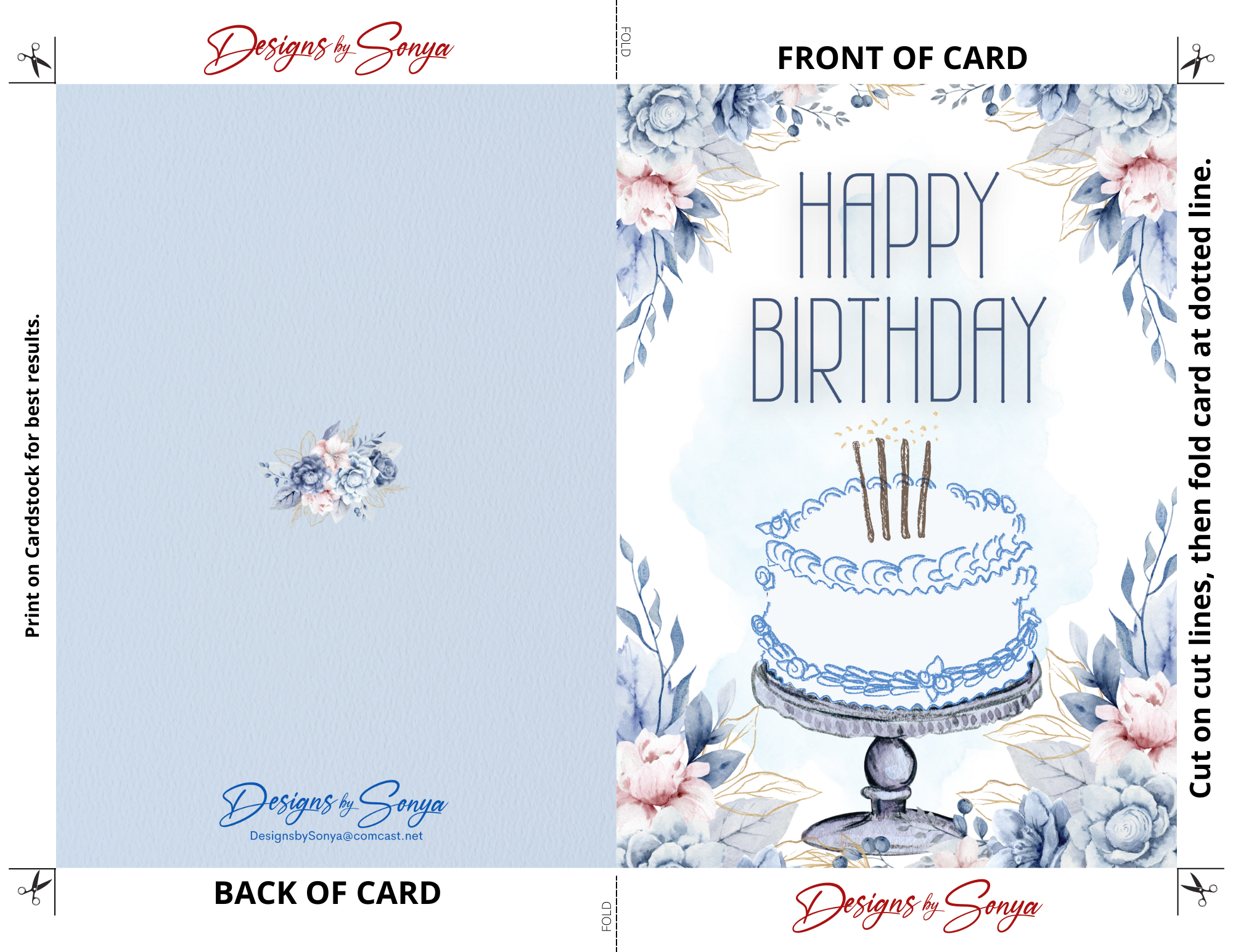 Blue Floral Birthday Card 5x7 | Printable Birthday Card | Watercolor Cake Design | Fits A7 Envelope | Digital Download | Print at Home