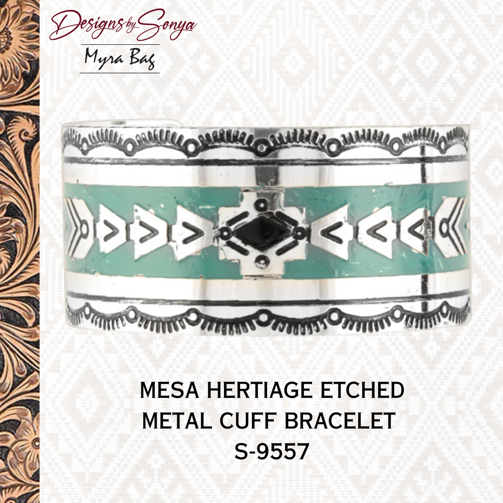 Mesa Heritage Etched Metal Cuff Southwestern Tribal Bracelet | Silver, Turquoise and Black | Myra Bags | S-8280