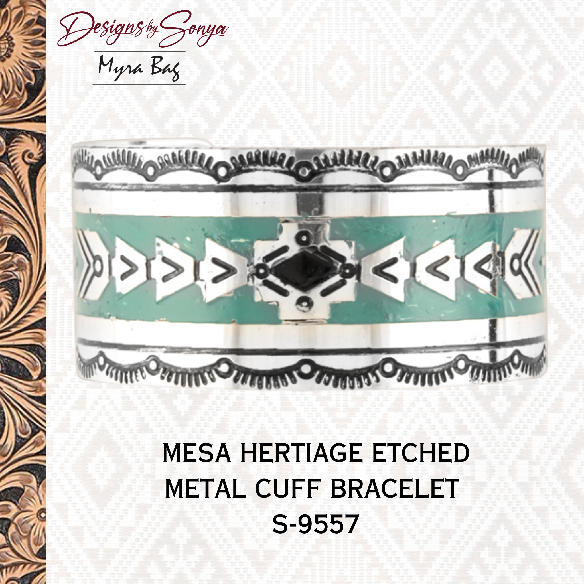 Mesa Heritage Etched Metal Cuff Southwestern Tribal Bracelet | Silver, Turquoise and Black | Myra Bags | S-8280