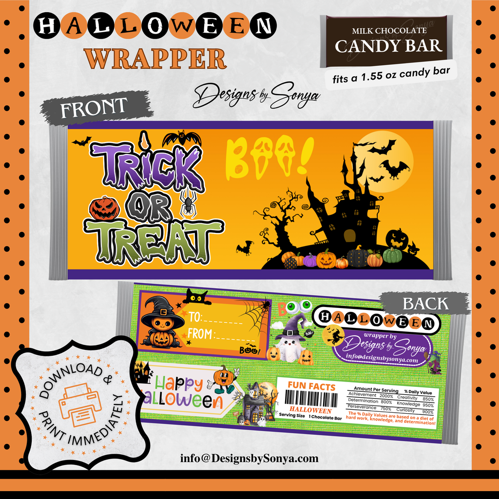 Custom Halloween Digital Candy Bar Wrapper | Printable Candy Bar Covers | Instant Download for Trick-or-Treat Party Favors | Fits 1.55 oz Hershey's Chocolate Bar