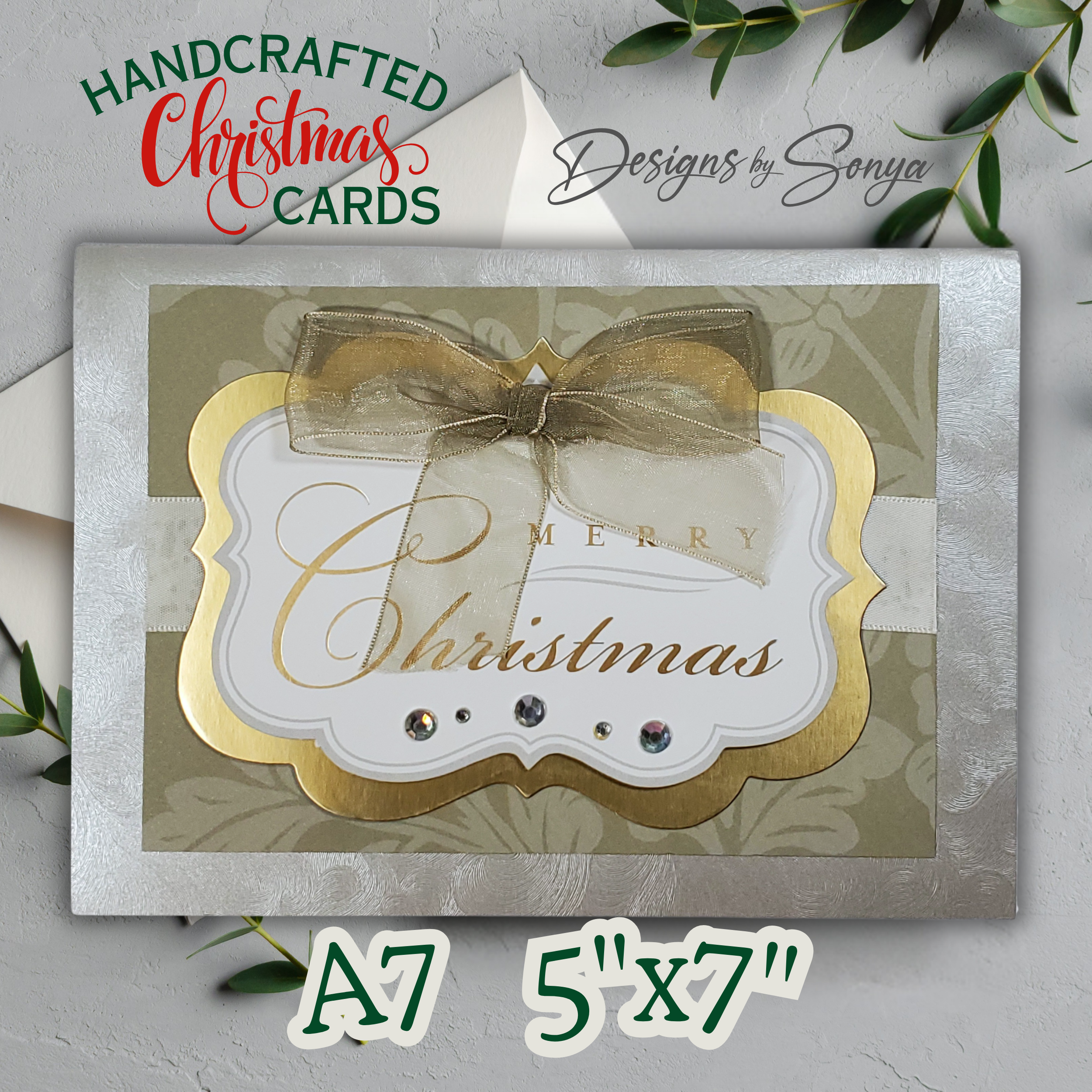 Gold & Ivory Christmas Card with Bow and Rhinestones | Elegant A7 Handcrafted Holiday Greeting | Limited Edition Keepsake