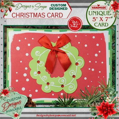 LIMITED EDITION | Handmade Christmas Wreath Card - 5x7 Holiday Seasons Greeting - Festive Red & Green with Ribbon Bow and Sparkle Accents