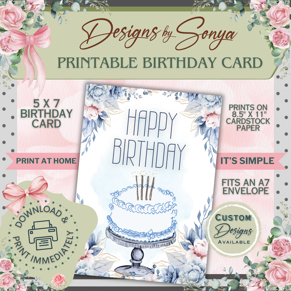 Blue Floral Birthday Card 5x7 | Printable Birthday Card | Watercolor Cake Design | Fits A7 Envelope | Digital Download | Print at Home