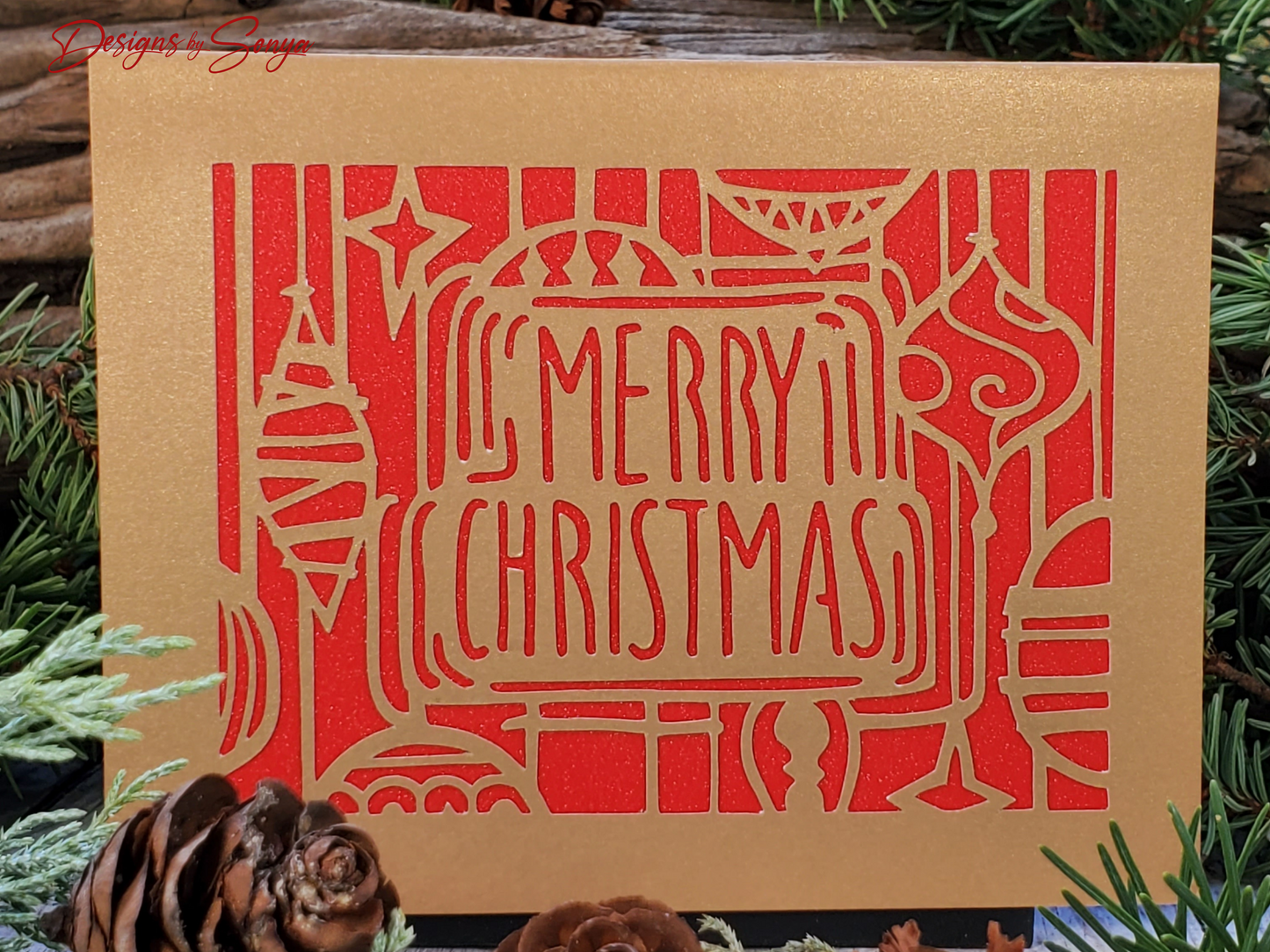 Gold Merry Christmas Card | A2 4.25"x5.5" Elegant Laser Cut Holiday Card | Unique Red and Gold Greeting Card | Festive Season's Greetings