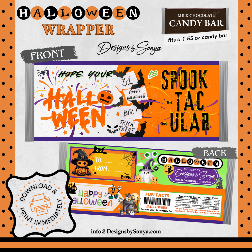 Custom Halloween Digital Candy Bar Wrapper | Printable Candy Bar Covers | Instant Download for Trick-or-Treat Party Favors | Fits 1.55 oz Hershey's Chocolate Bar