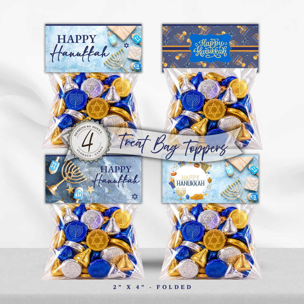 Printable Hanukkah Treat Bag Topper Collection | 4 Different Designs | Menorah & Dreidel Candy Bag Toppers | Jewish Holiday Party Favors | 4" x 2" PDF Download