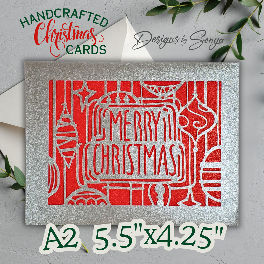 Silver Glitter Merry Christmas Card – Handmade A2 Holiday Greeting with Laser-Cut Ornaments & Printed Message
