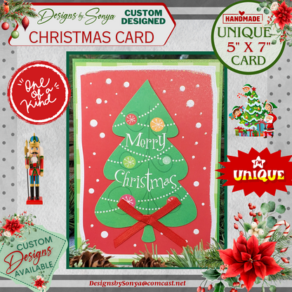 LIMITED EDITION | Festive 5" x7" Green Christmas Tree Embellished with a 1/4" Hand Tied Bow | Custom 3D Layered Holiday Greeting Card