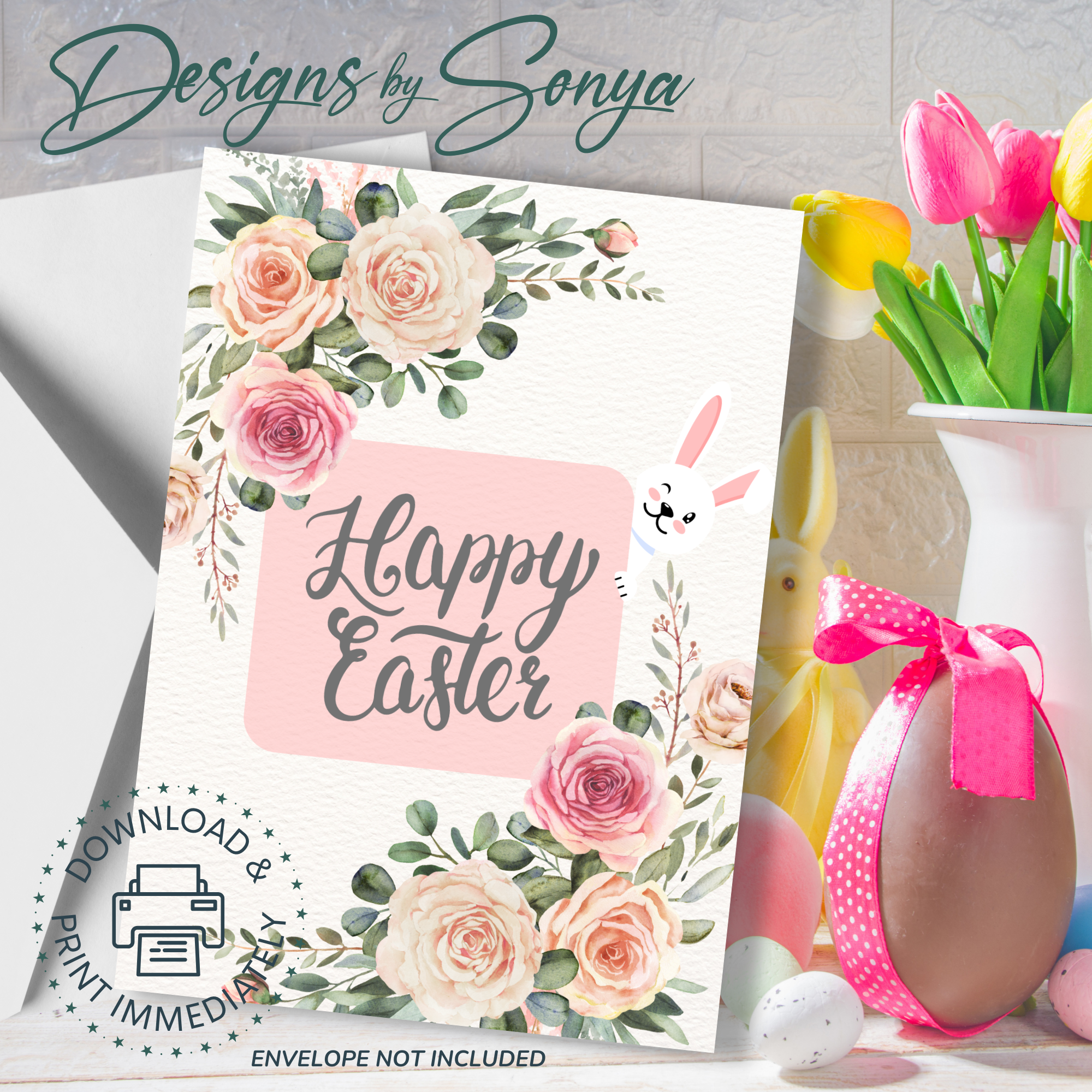Elegant Custom Designed 5 x 7 Printable Greeting Card - Floral Design of Pink and Beige Roses adorned with "Happy Easter" - Instant Download