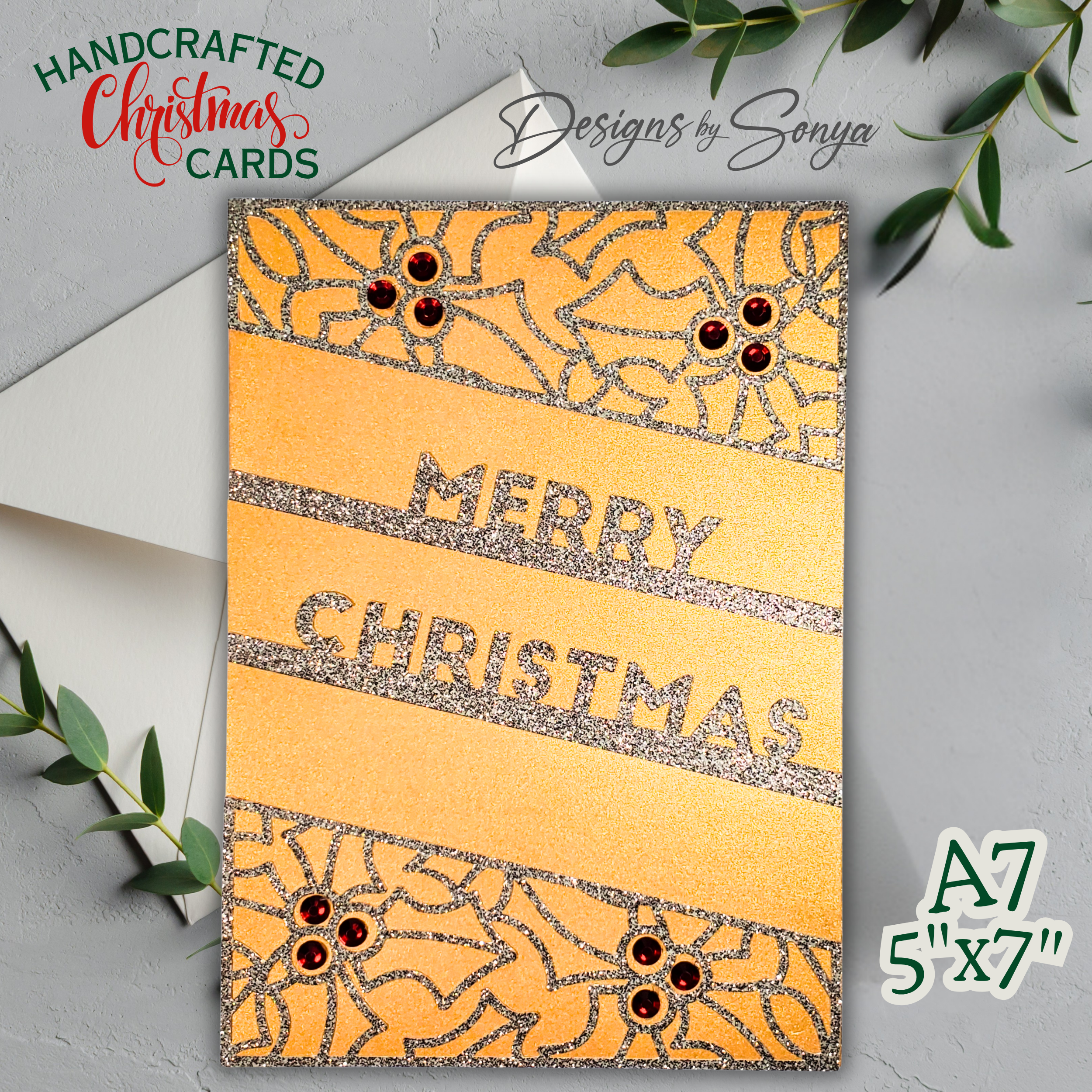 Handmade Gold Glitter Christmas Card with Holly Design – Elegant A7 Holiday Greeting for Corporate Giving, Family, or Keepsake Gifting