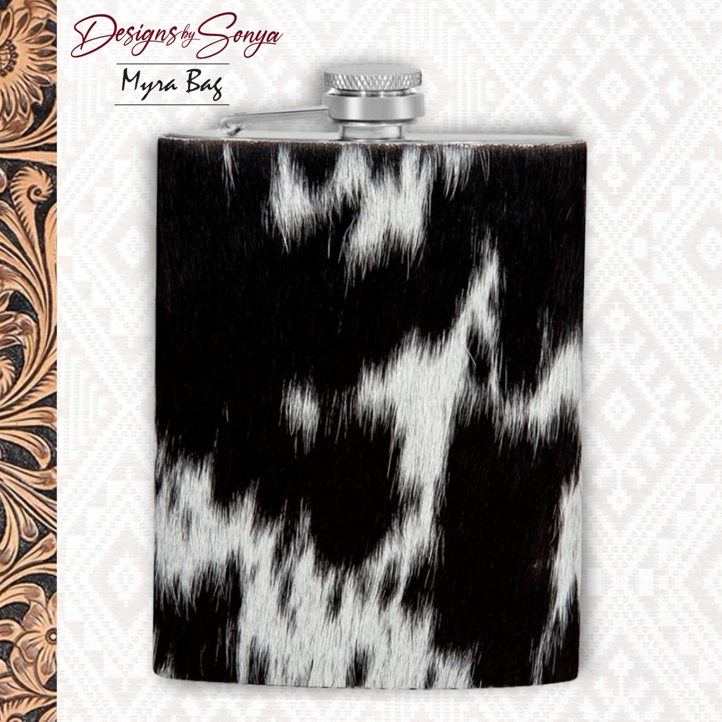 Mountain Trail Flask in Dark Hair-on Hide | Unique Natural Markings | Black and White | Myra Bags | S-8476